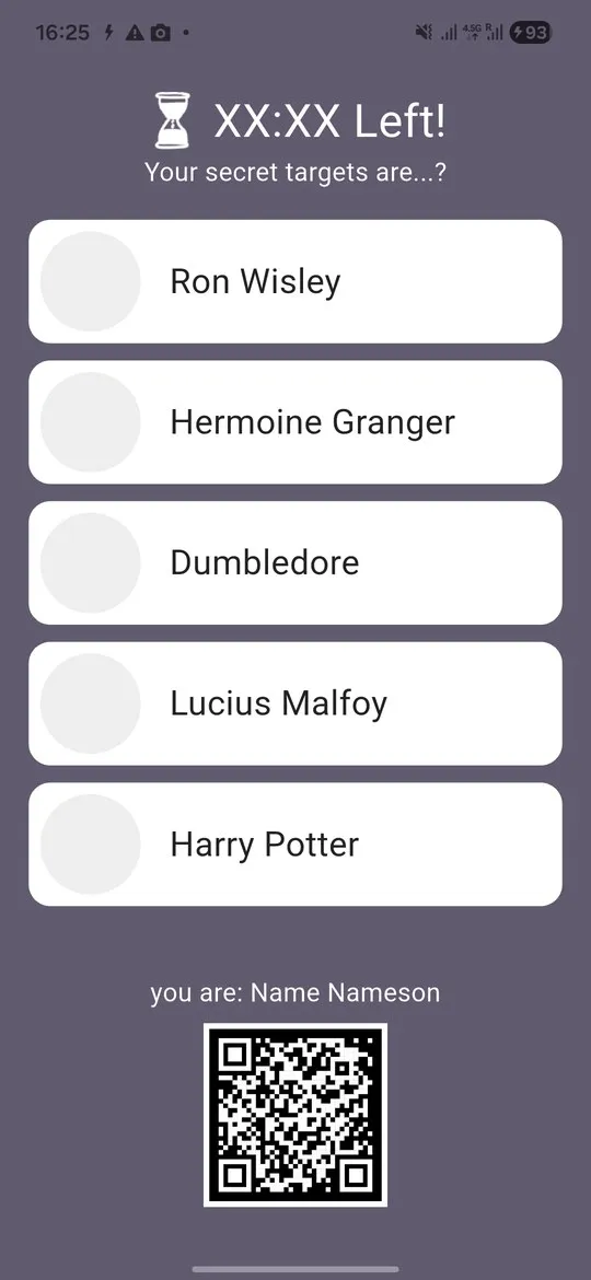 Clue Party in-game screen listing five secret targets, a countdown, and the player's own QR code