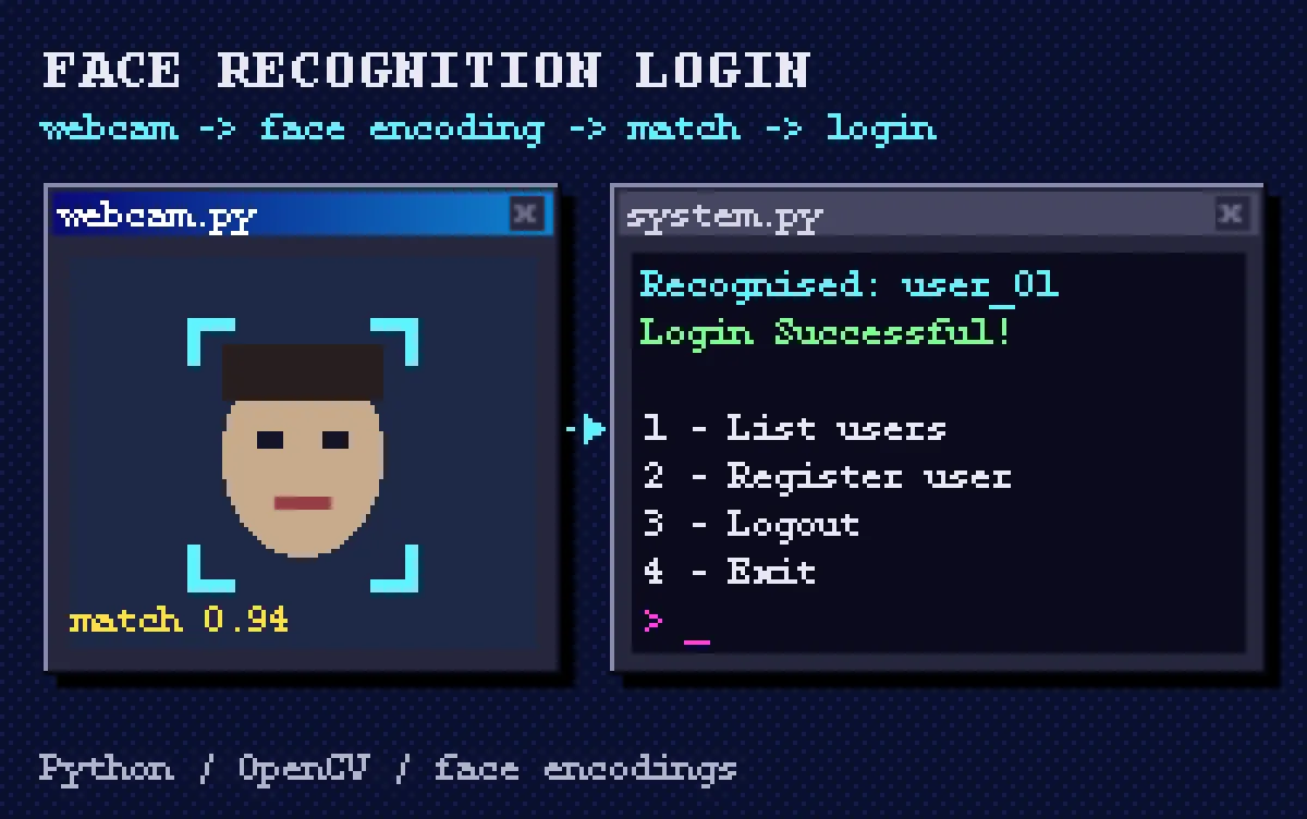 Pixel-art diagram: a webcam window framing a face next to a terminal showing Login Successful and the user menu
