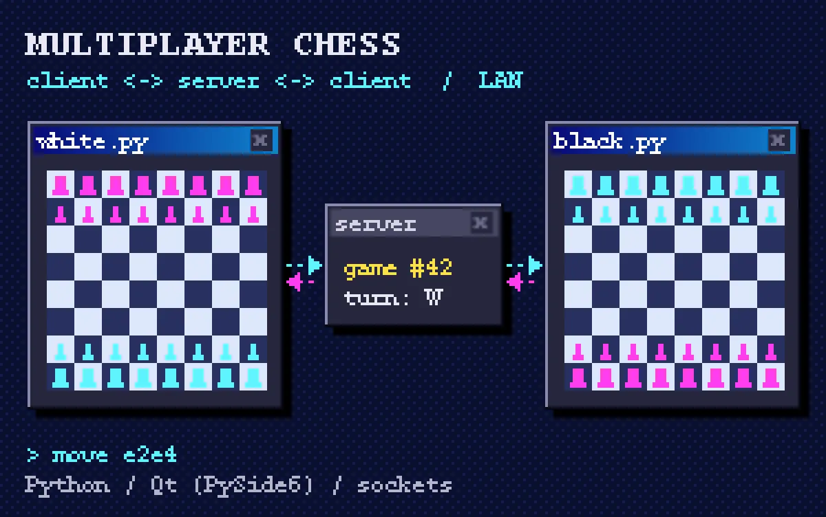 Pixel-art diagram of two chess client windows connected through a central game server
