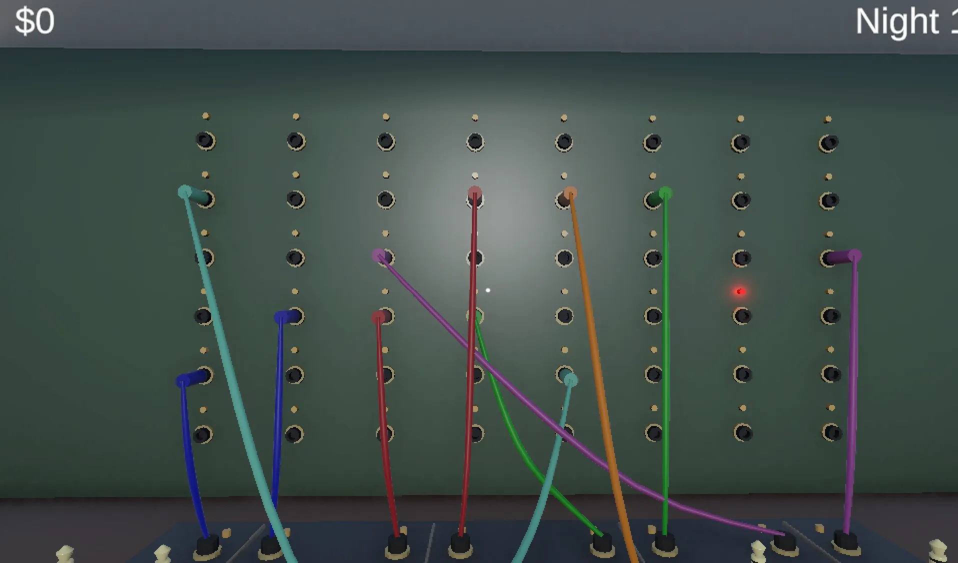 Signal Lost board with colored cables connected across its sockets