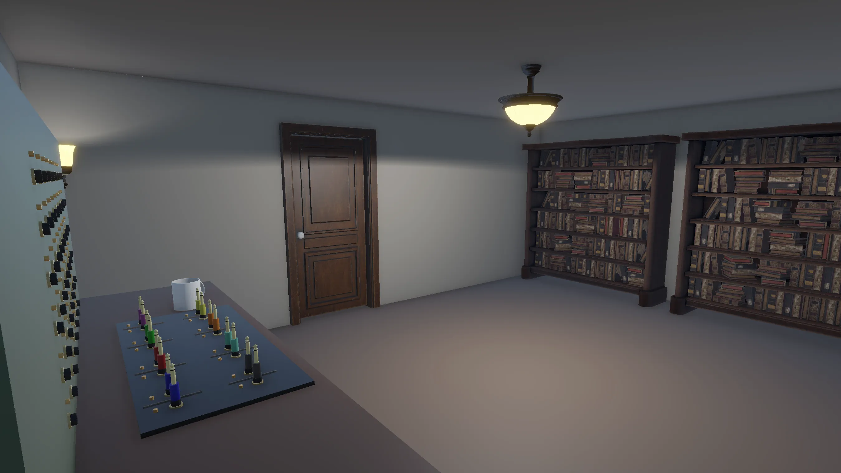 Signal Lost room with the puzzle table, door, and bookshelves