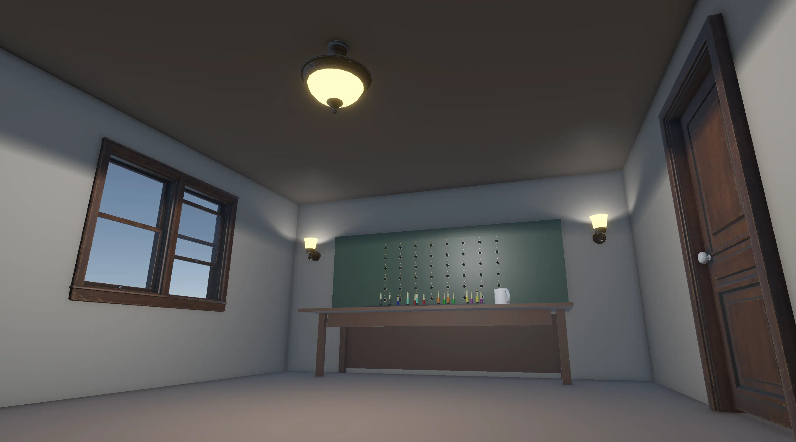 Wide view of the Signal Lost puzzle room with a window and closed door