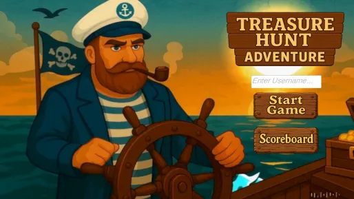 Treasure Hunt Adventure title screen with a sea captain at a ship's wheel and Start Game and Scoreboard buttons