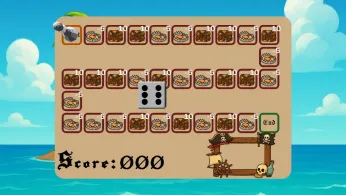 Level 1 board: a looping path of treasure and trap tiles on an island, with a die and the score
